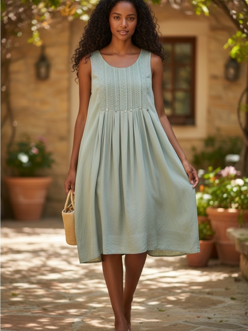 Sundance Sleeveless Pleated Midi Dress in Sage